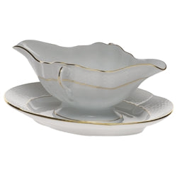 Open image in slideshow, Golden Edge Gravy Boat with Fixed Stand
